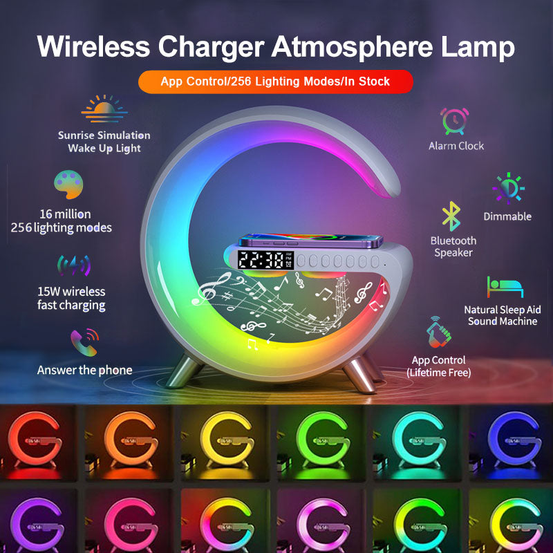 G-shaped lamp with speaker, clock and charger