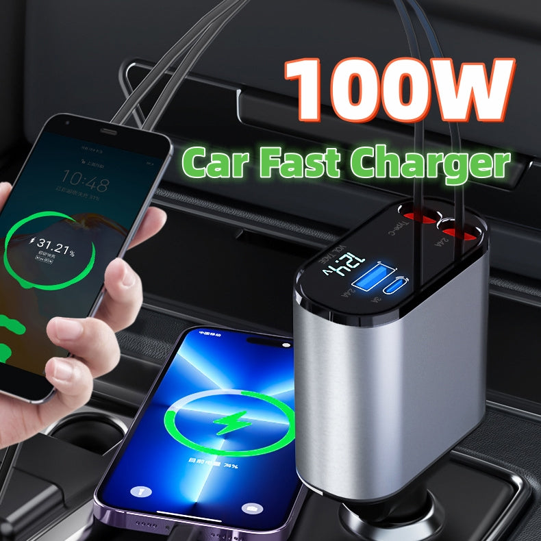 4 IN 1 100 W retractable car charger